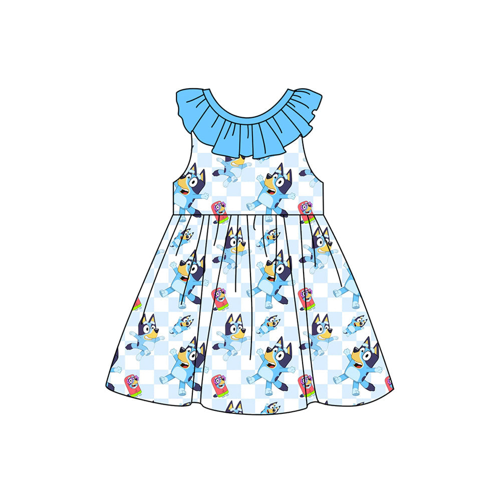 Light blue ruffle plaid dog sleeveless girls summer dress