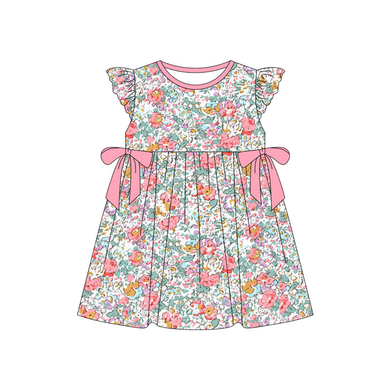 Peach bow flutter sleeves floral baby girls summer dress