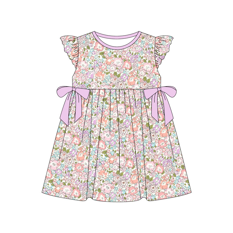 Lavender bow flutter sleeves floral baby girls summer dress