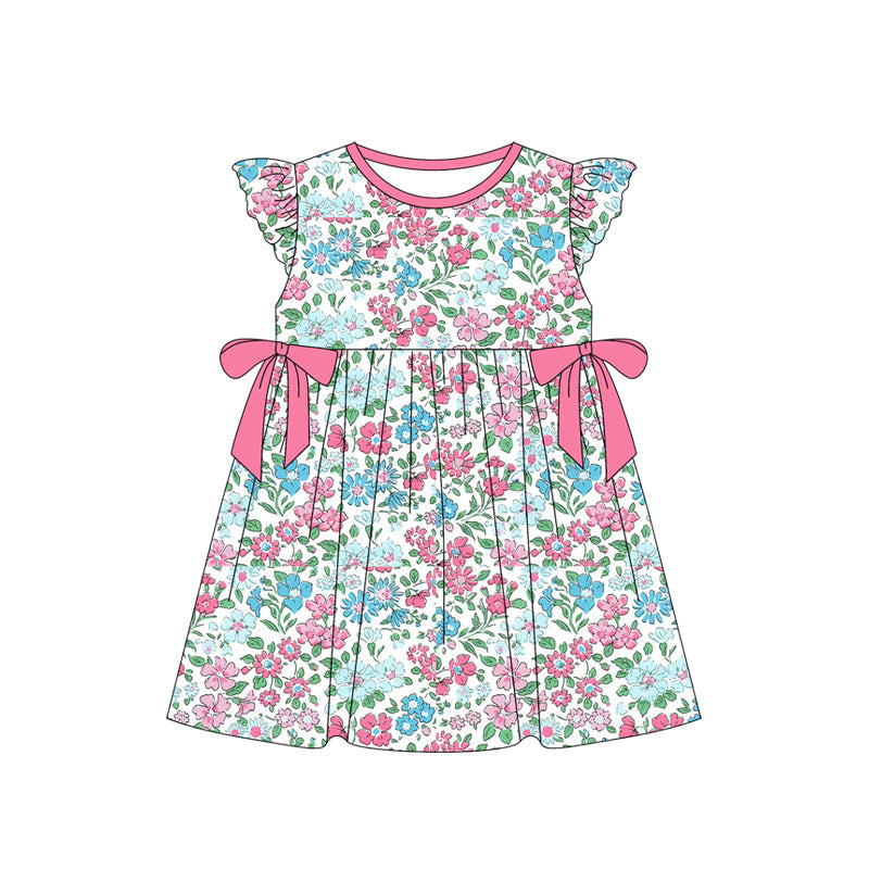 Pink bow flutter sleeves floral baby girls summer dress