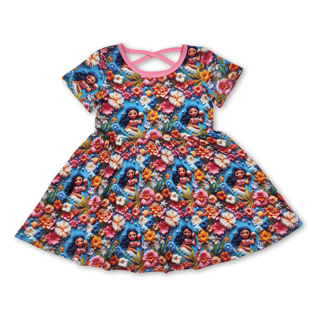 Blue short sleeves floral princess baby girls dresses