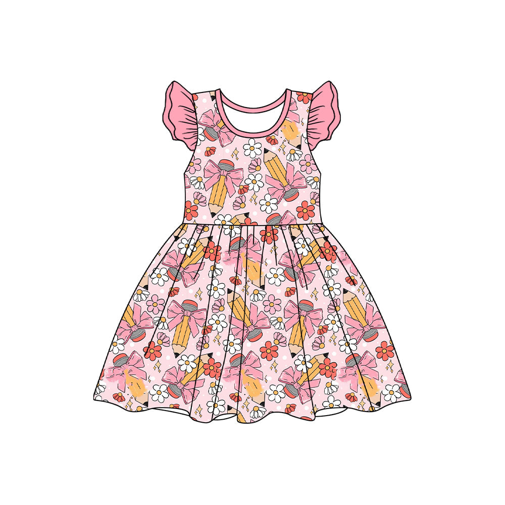 Flutter sleeves floral pencil bow girls back to school dress