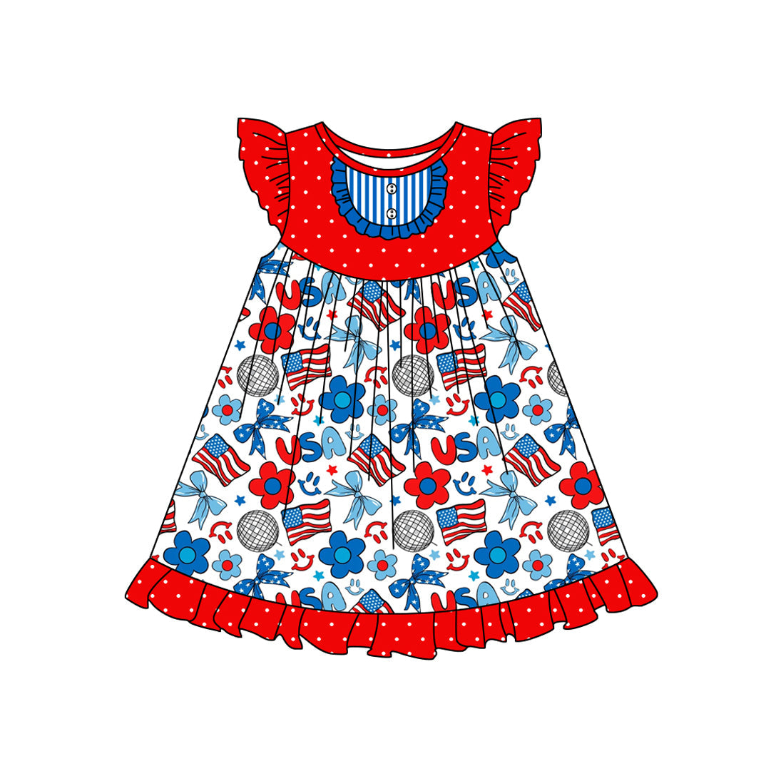 Flutter sleeves floral flag USA bow girls 4th of july dress