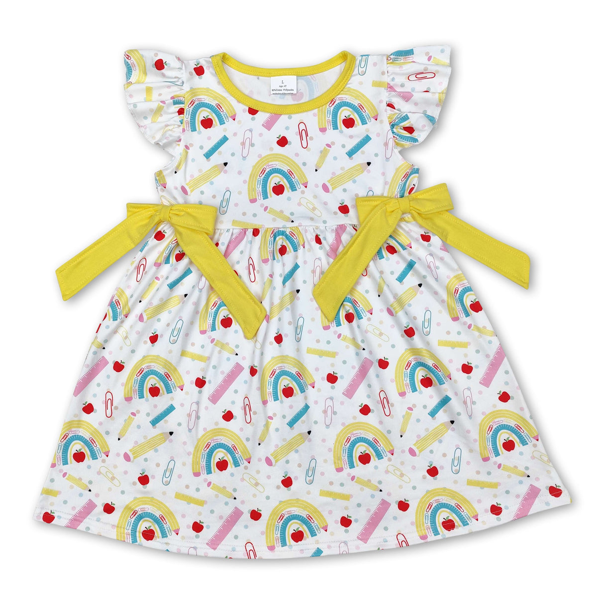 Flutter sleeves apple pencil rainbow girls back to school dress