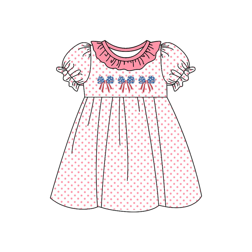 Short sleeves polka dots stars stripe bow girls 4th of july dress