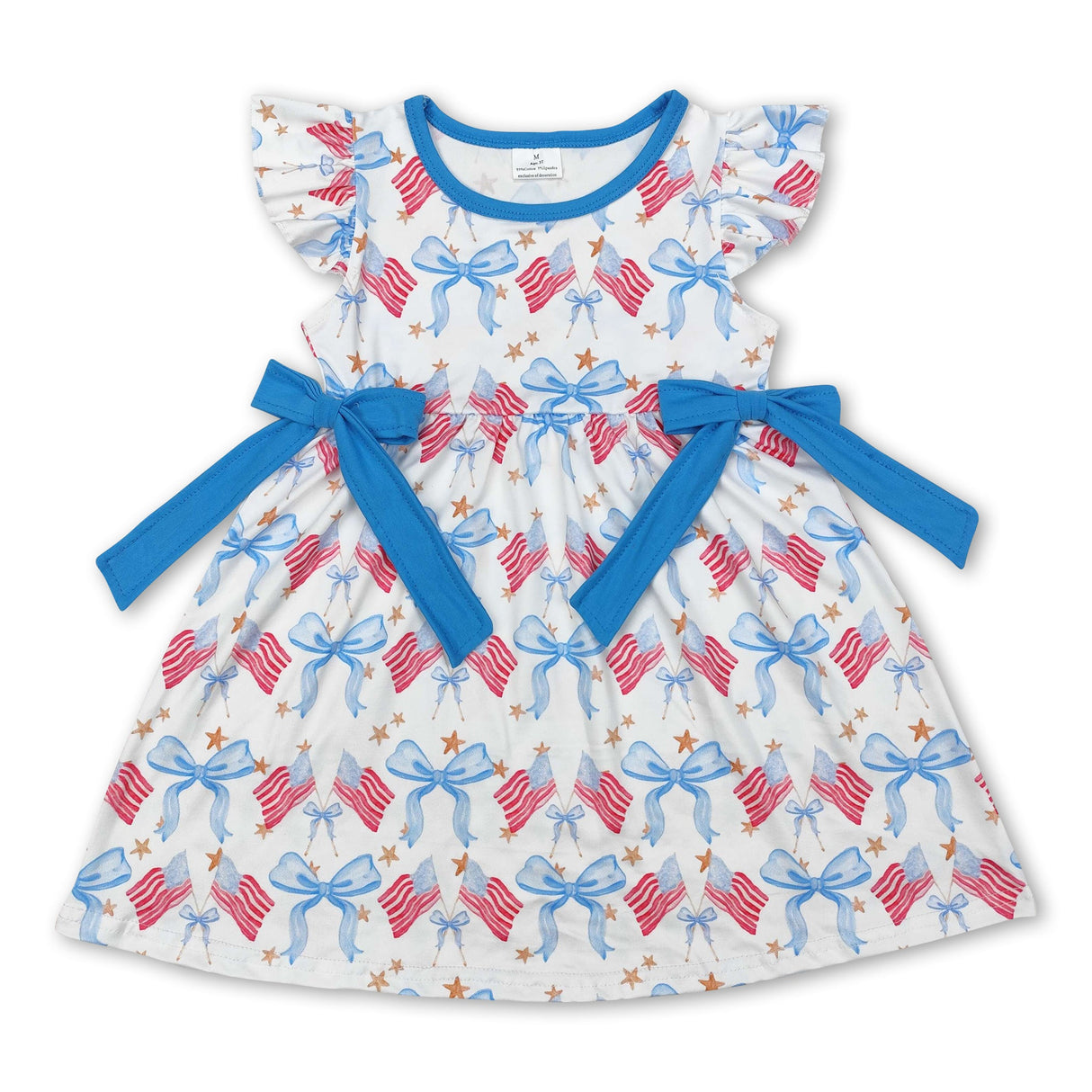 Flutter sleeves flag bow stars girls 4th of july dresses