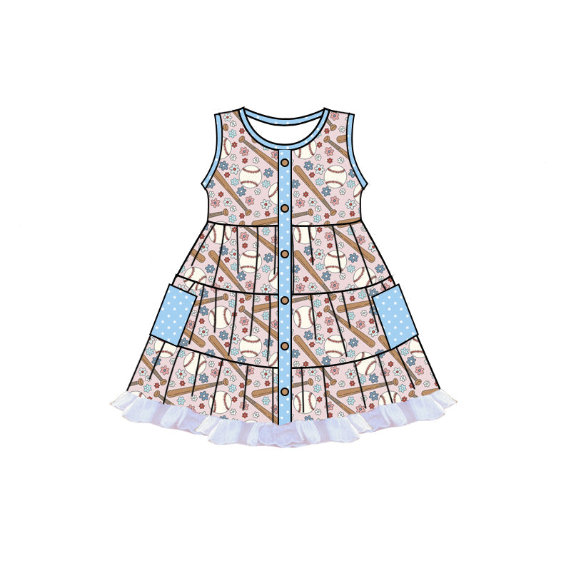 Sleeveless baseball floral patchwork pocket girls dresses