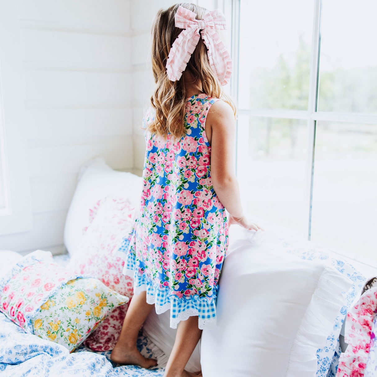 Sleeveless blue floral plaid ruffle girls night dresses