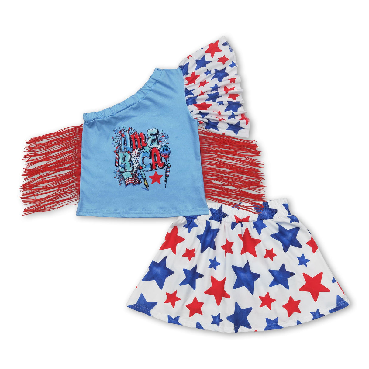 One shoulder American top stars skirt girls 4th of july clothes