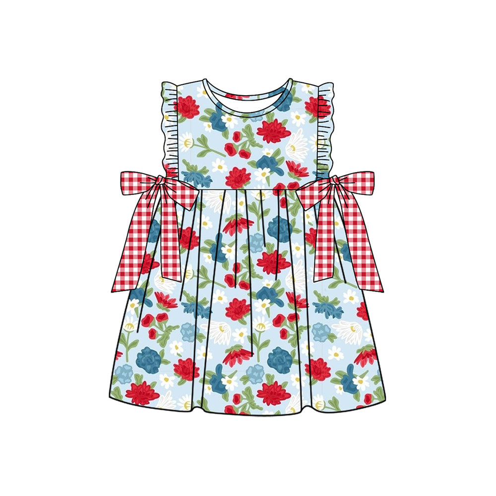Ruffle blue red floral plaid bow baby girls 4th of july dresses