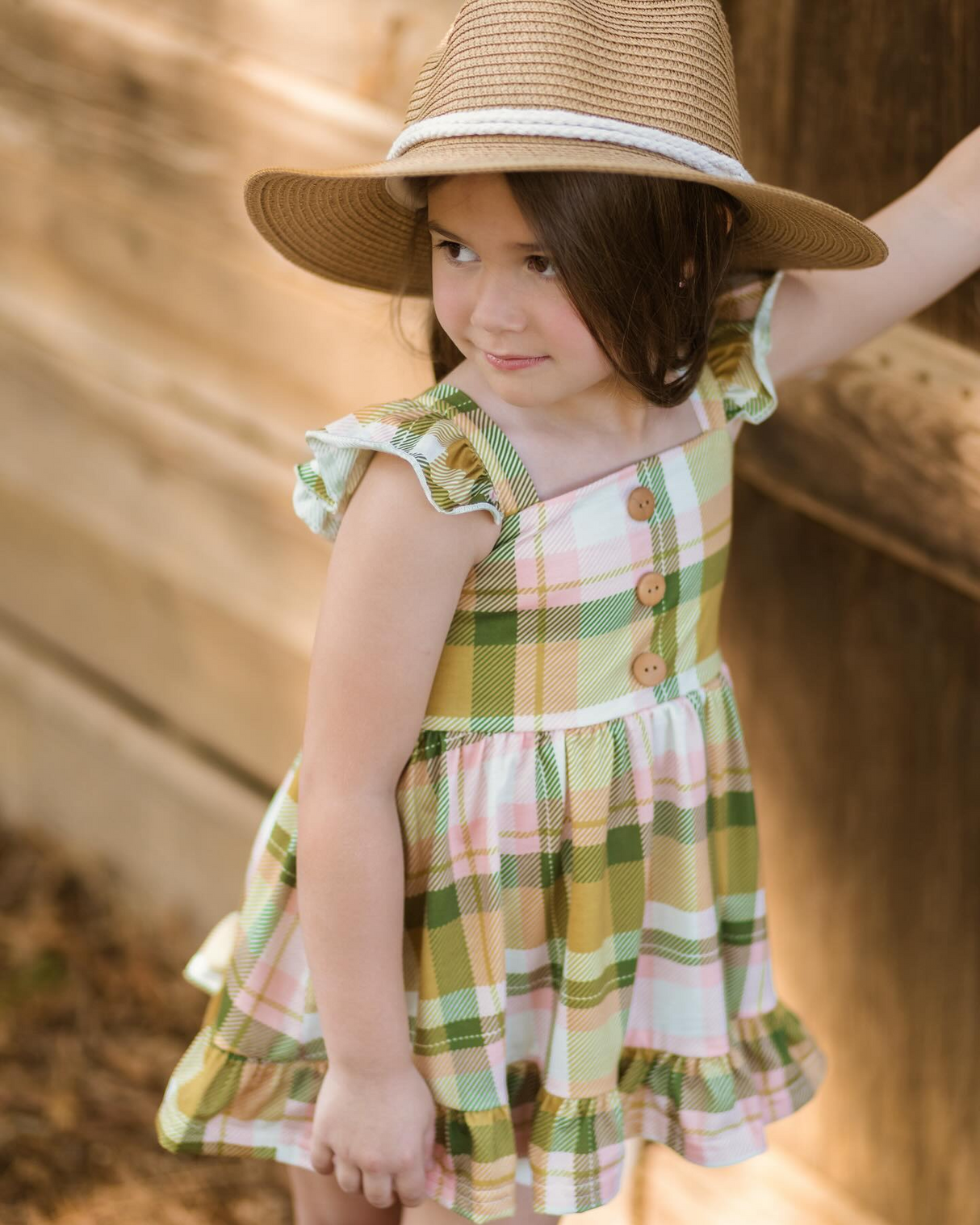 Flutter sleeves green pink plaid baby girls summer dress