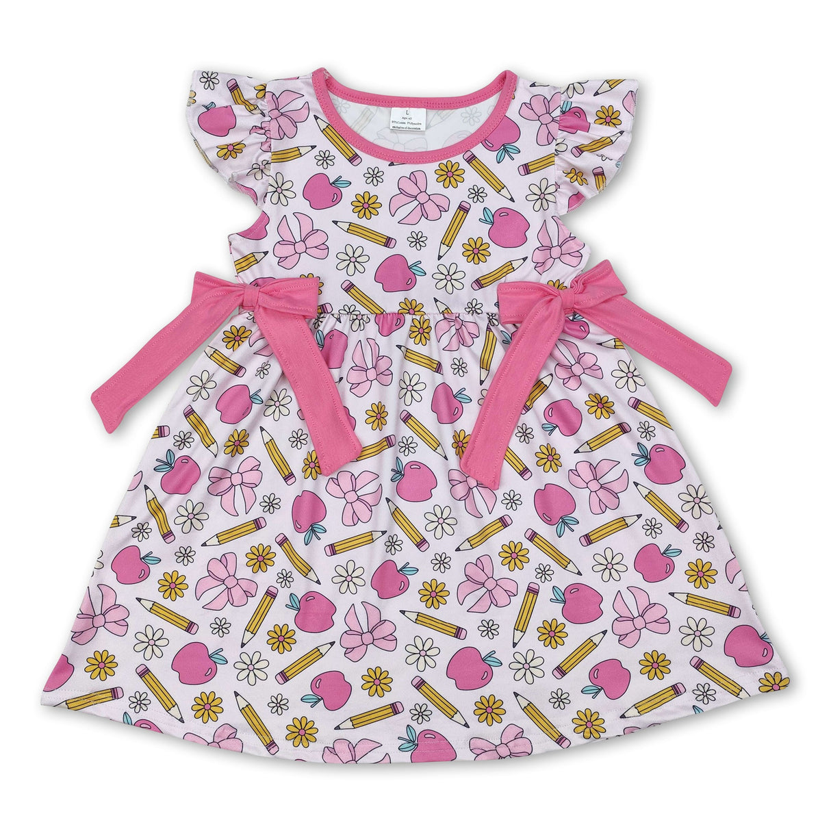Pink flutter sleeves pencil bow girls back to school dress