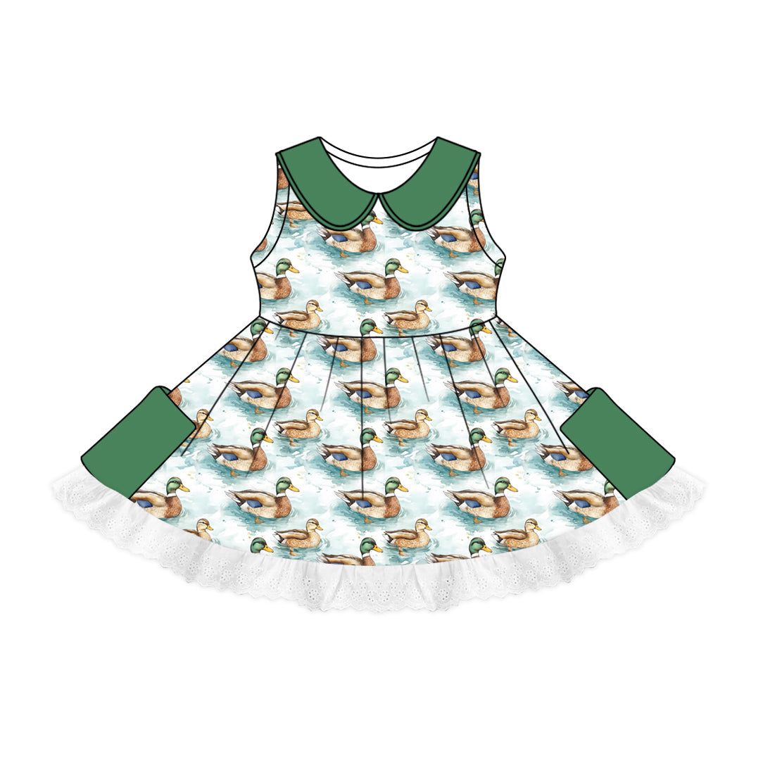 Sleeveless green pockets duck baby girls dresses