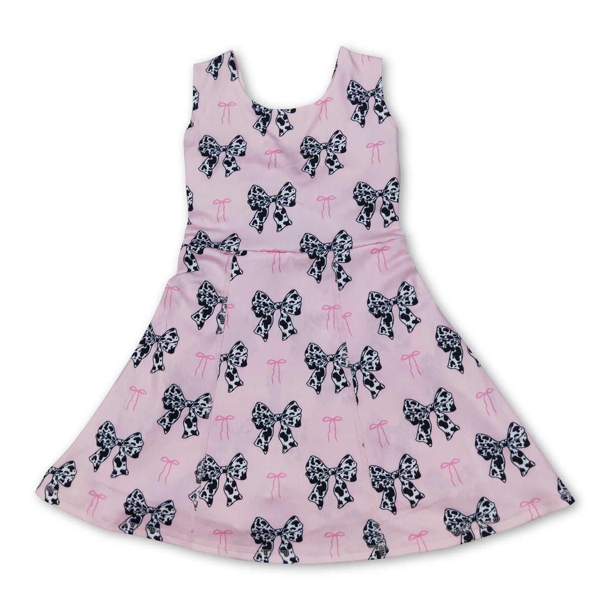 Sleeveless pink cow print bow baby girls athletic dresses