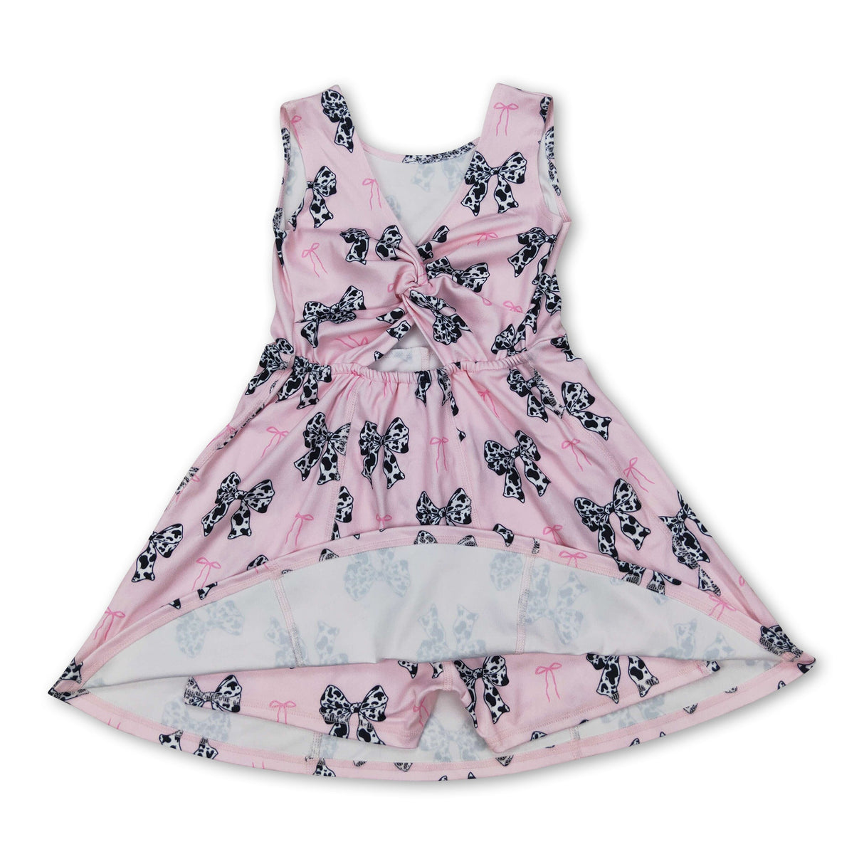 Sleeveless pink cow print bow baby girls athletic dresses