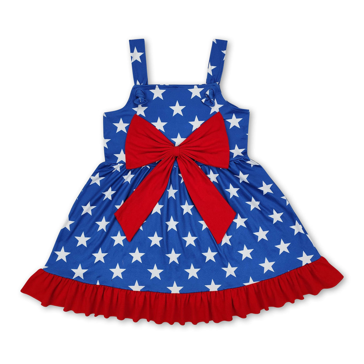 Blue straps stars ruffle bow baby girls 4th of july dresses