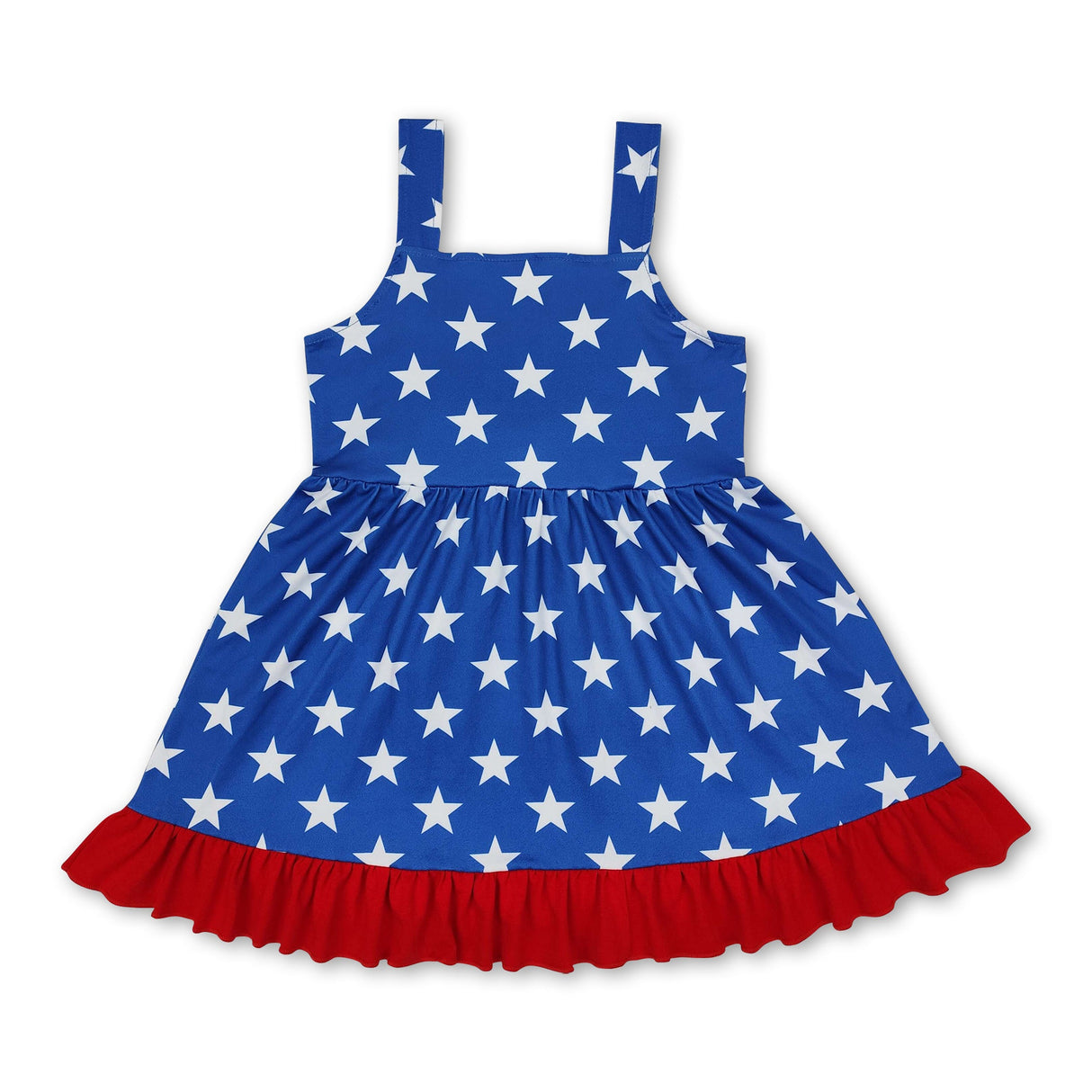 Blue straps stars ruffle bow baby girls 4th of july dresses