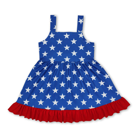 Blue straps stars ruffle bow baby girls 4th of july dresses