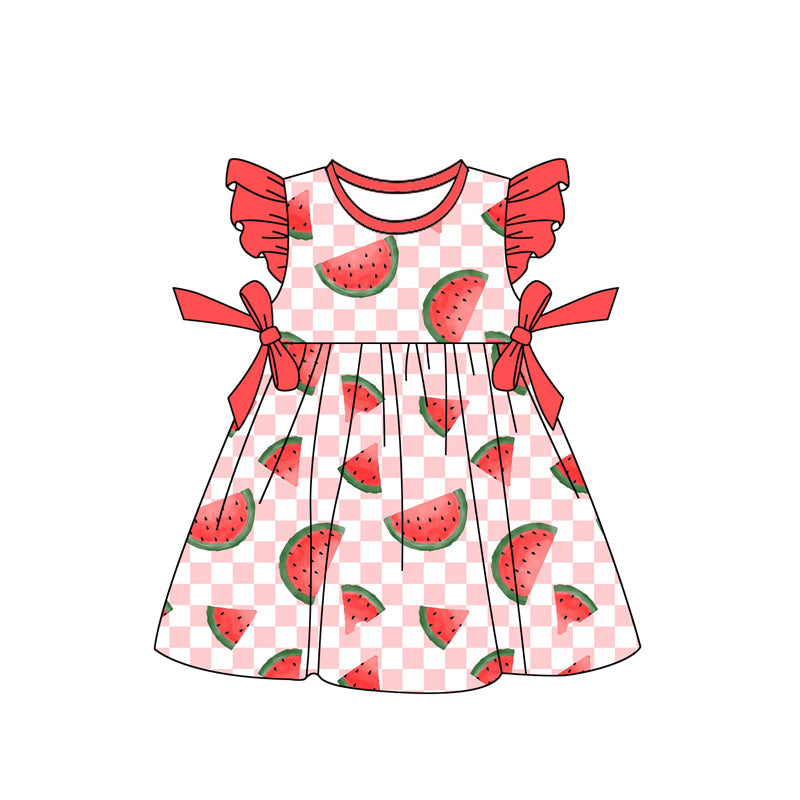 Flutter sleeves plaid watermelon girls summer dresses