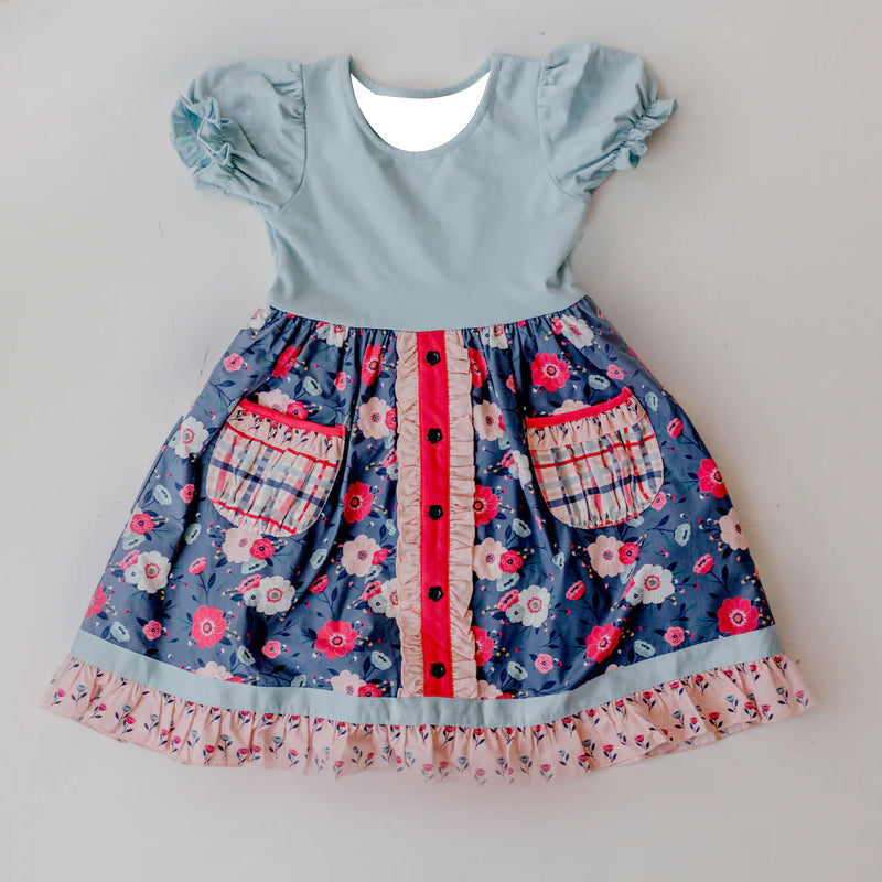Short sleeves floral pockets ruffle baby girls dresses
