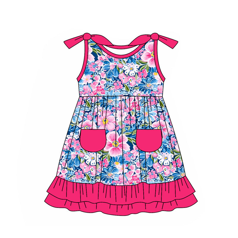 Sleeveless hot pink ruffle pocket floral girls dresses