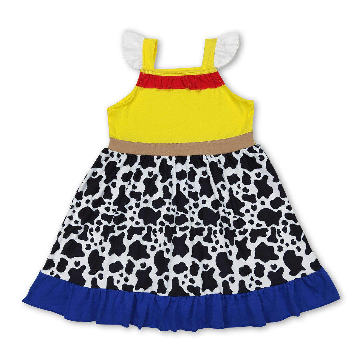 Yellow cow print flutter sleeves ruffle baby girls dress