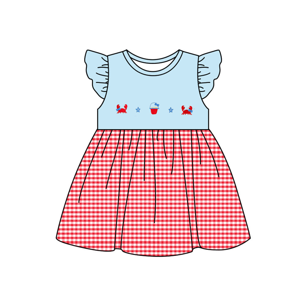 Flutter sleeves crab starfish plaid baby girls summer dress