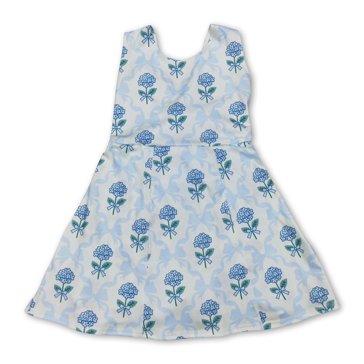 Sleeveless light blue bow floral baby girls athletic dresses