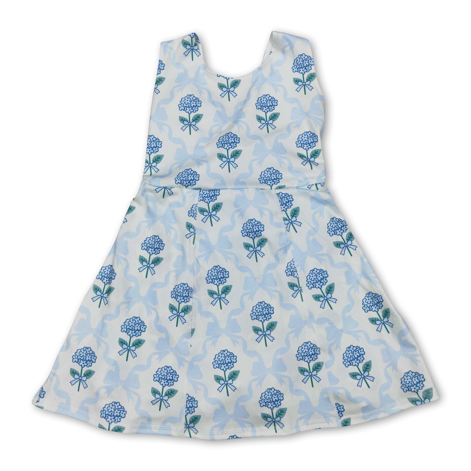 Sleeveless light blue bow floral baby girls athletic dresses