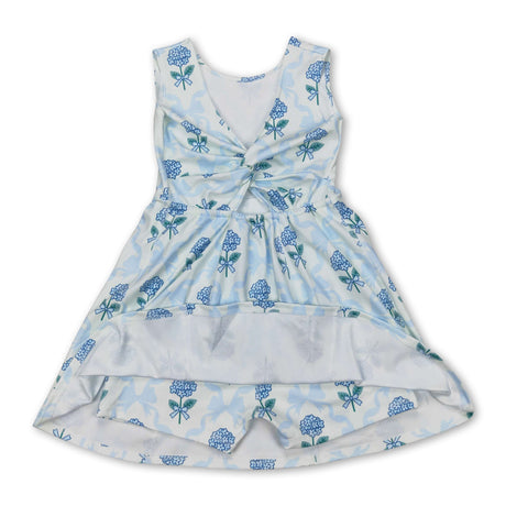 Sleeveless light blue bow floral baby girls athletic dresses