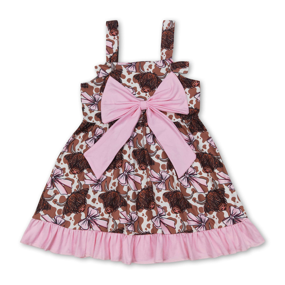 Straps highland cow bow ruffle western baby girls dresses