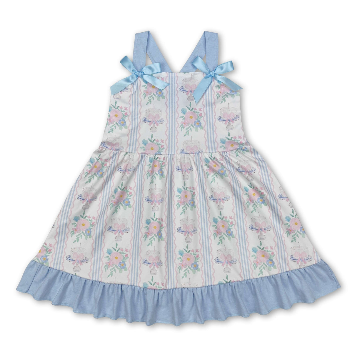 Straps cake bow floral Happy Birthday girls dresses