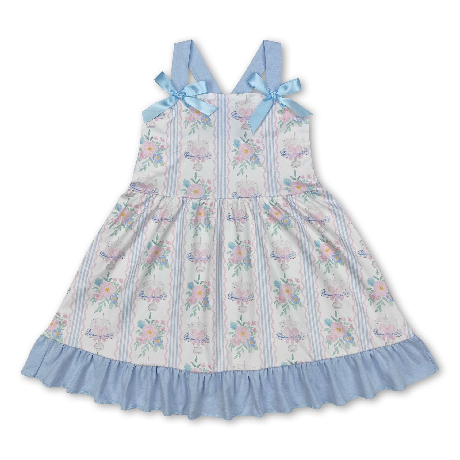 Straps cake bow floral Happy Birthday girls dresses