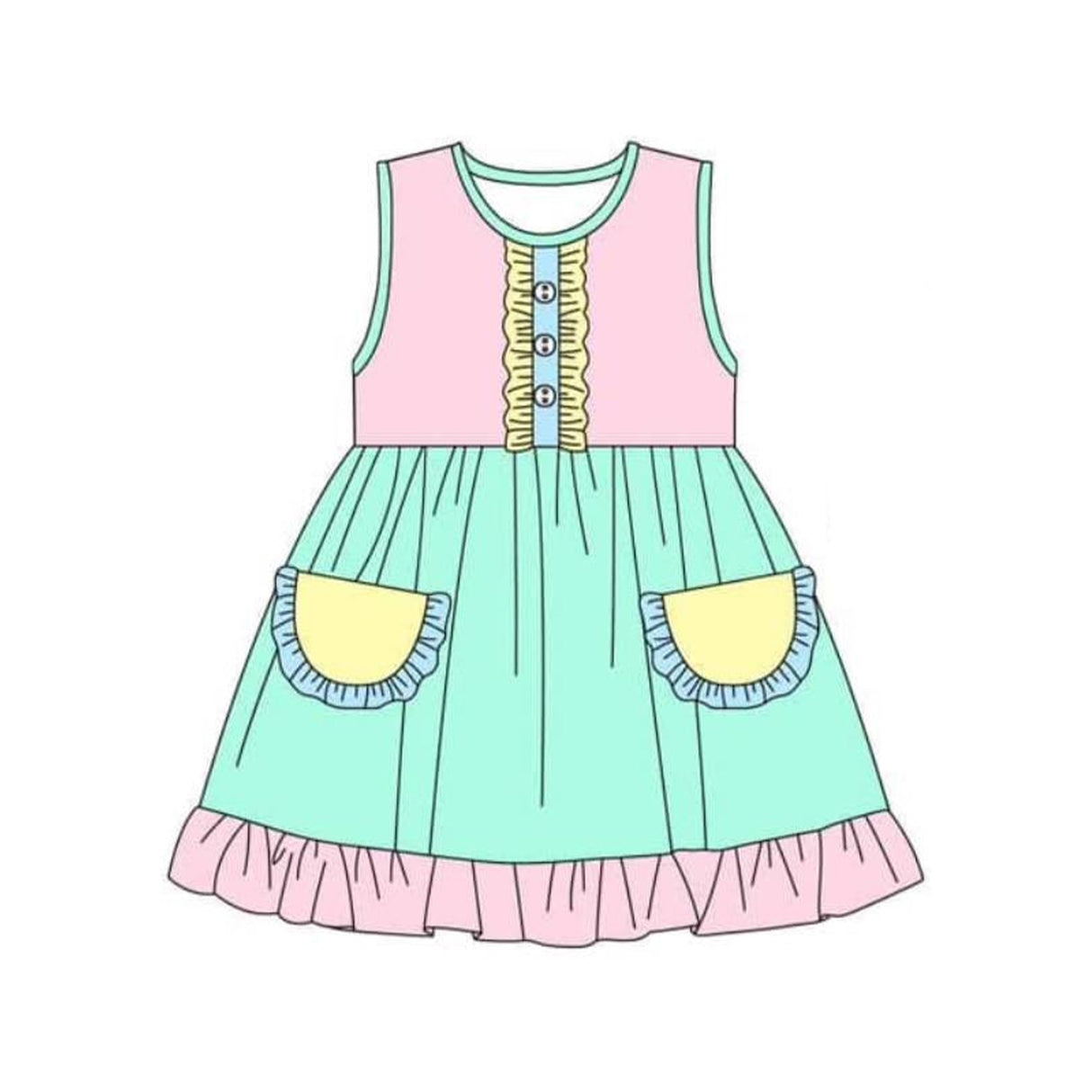 Sleeveless pink yellow green pocket baby girls dresses