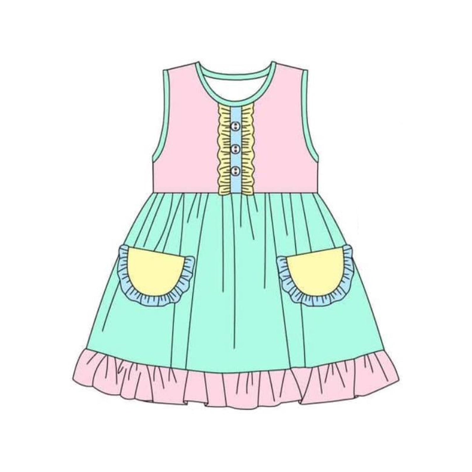 Sleeveless pink yellow green pocket baby girls dresses