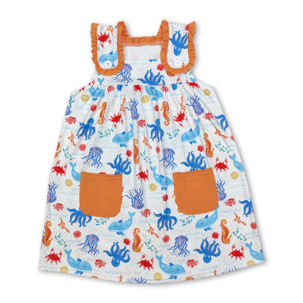Sleeveless seahorse octopus pockets baby girls dresses
