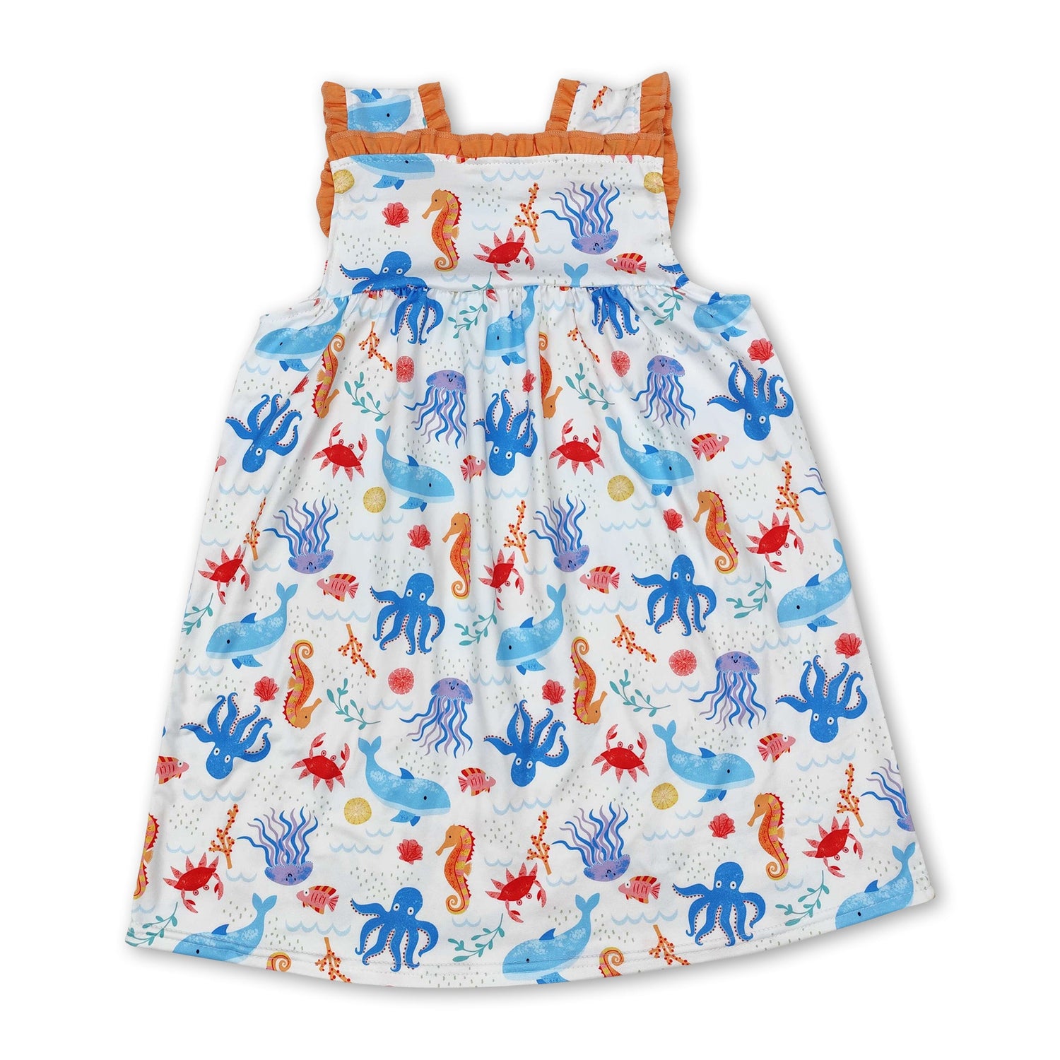 Sleeveless seahorse octopus pockets baby girls dresses
