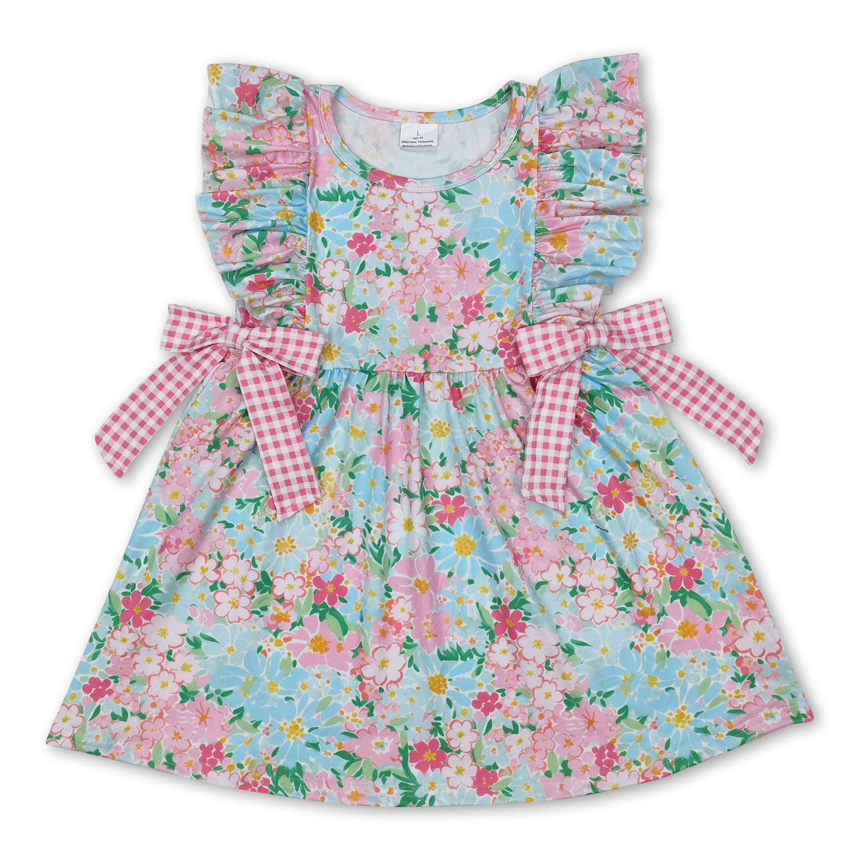 Sleeveless floral pink plaid bow baby girls summer dress