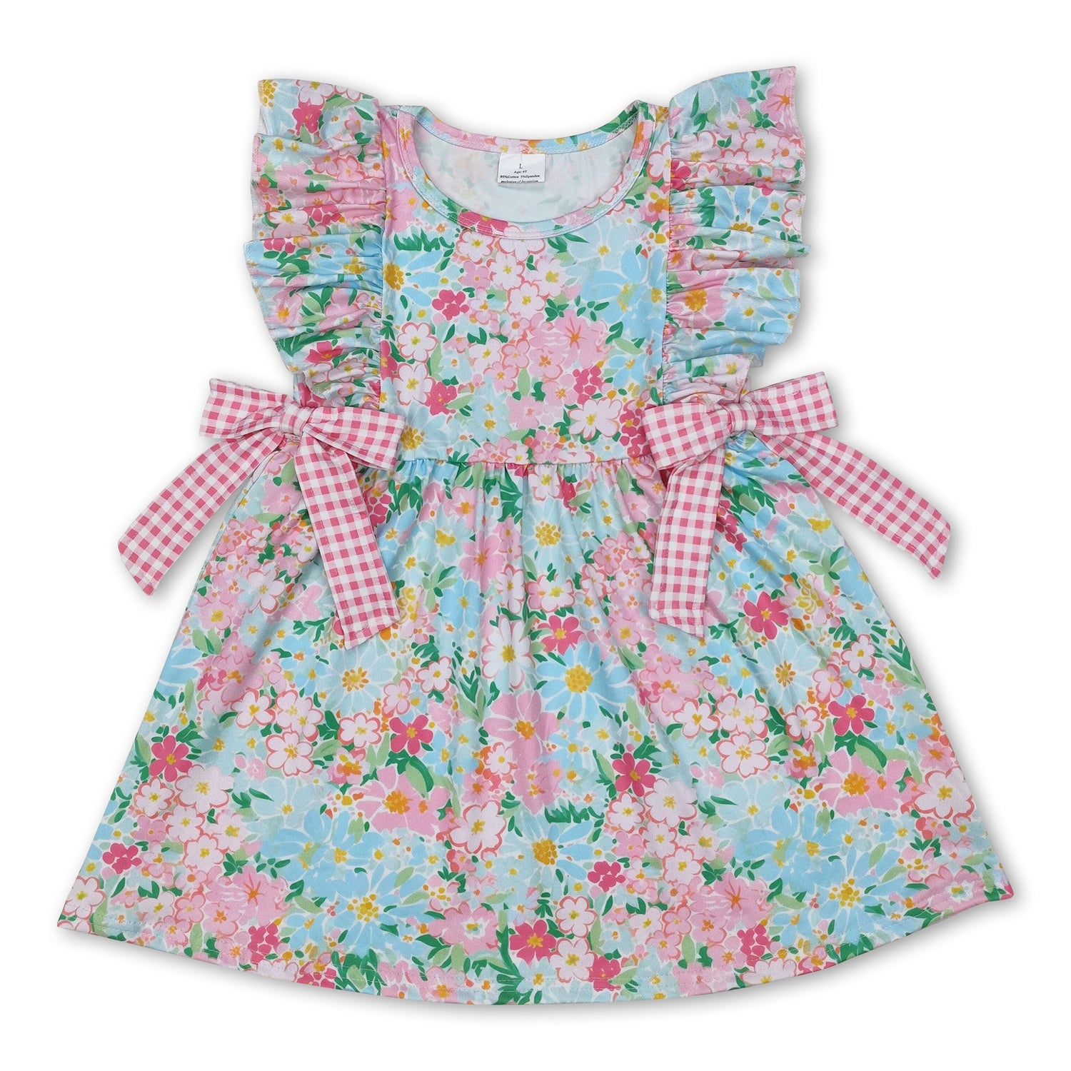 Sleeveless floral pink plaid bow baby girls summer dress