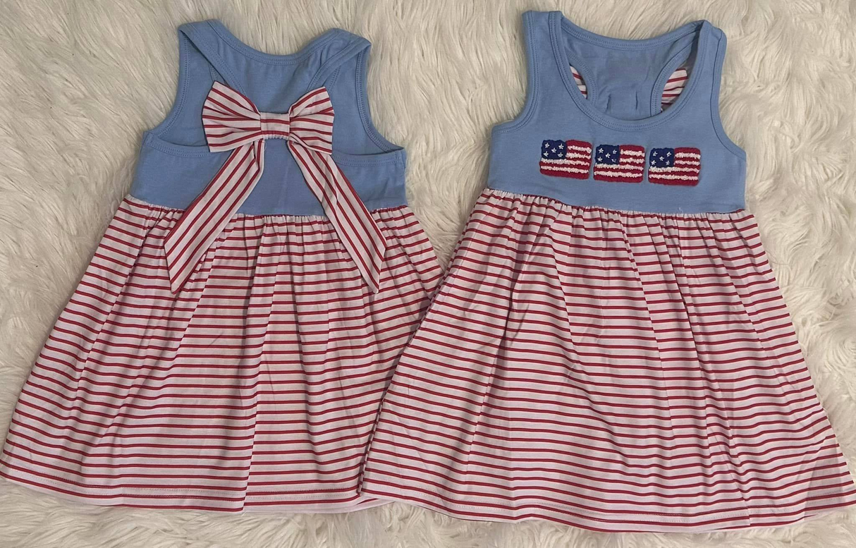 Sleeveless flag stripe bow baby girls 4th of july dresses