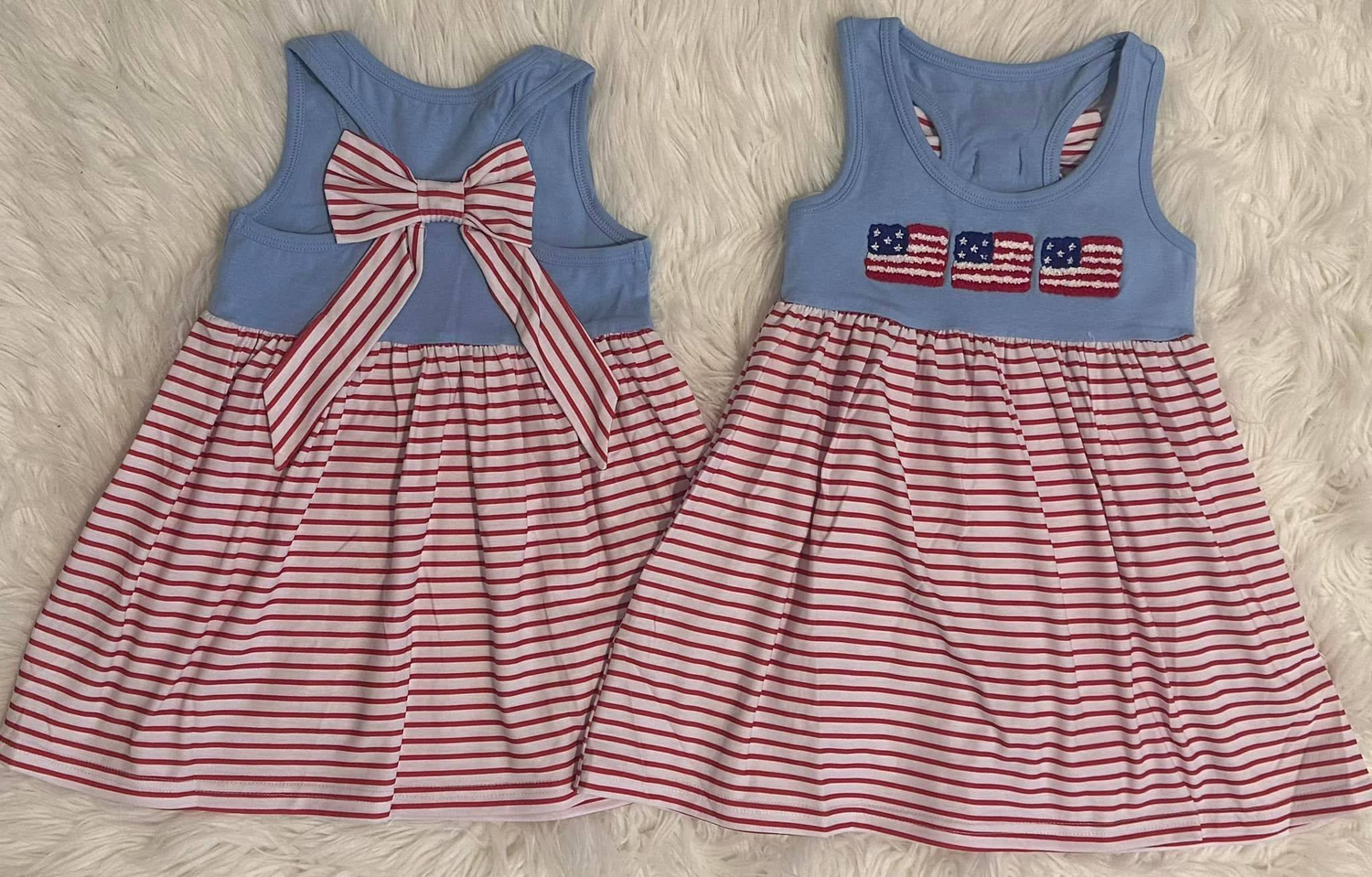Sleeveless flag stripe bow baby girls 4th of july dresses