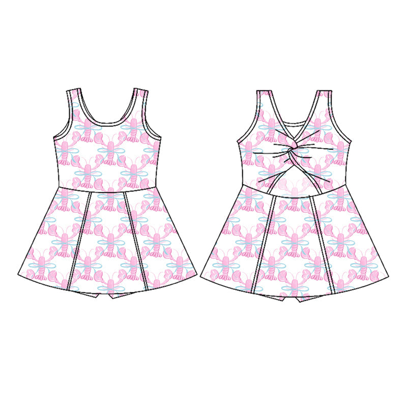 Sleeveless pink crawfish bow kids girls athletic dresses