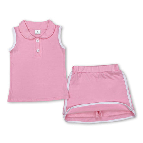 Pink sleeveless polo shirt skirt cotton kids girls clothing set