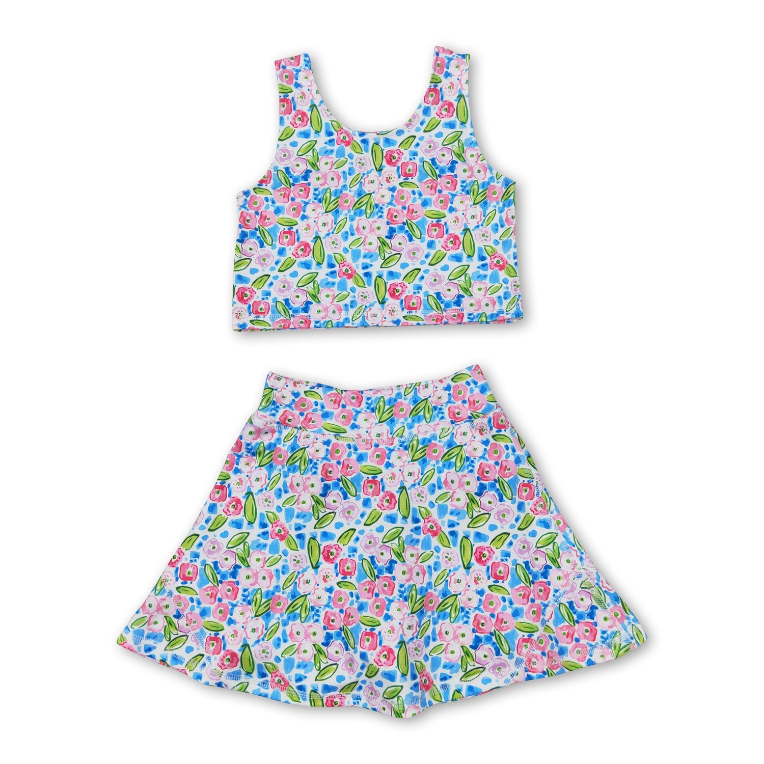 Blue sleeveless floral top skirt girls activewear set