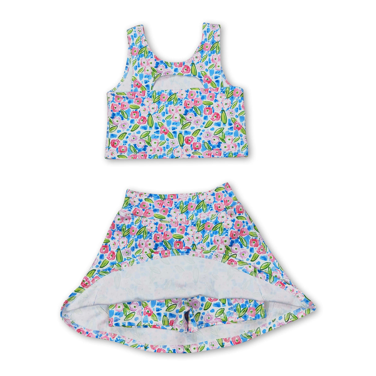 Blue sleeveless floral top skirt girls activewear set
