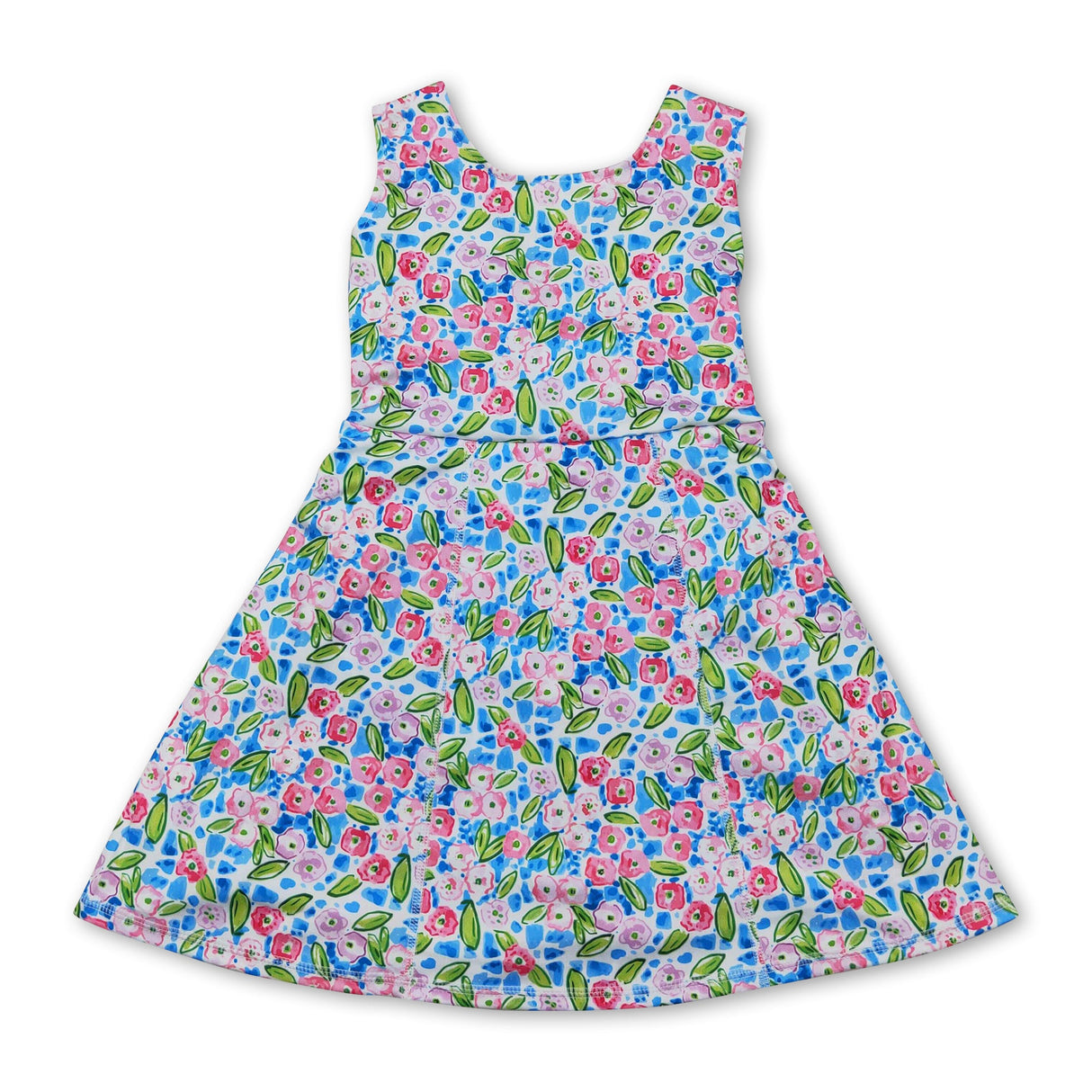 Sleeveless blue floral kids girls athletic dresses