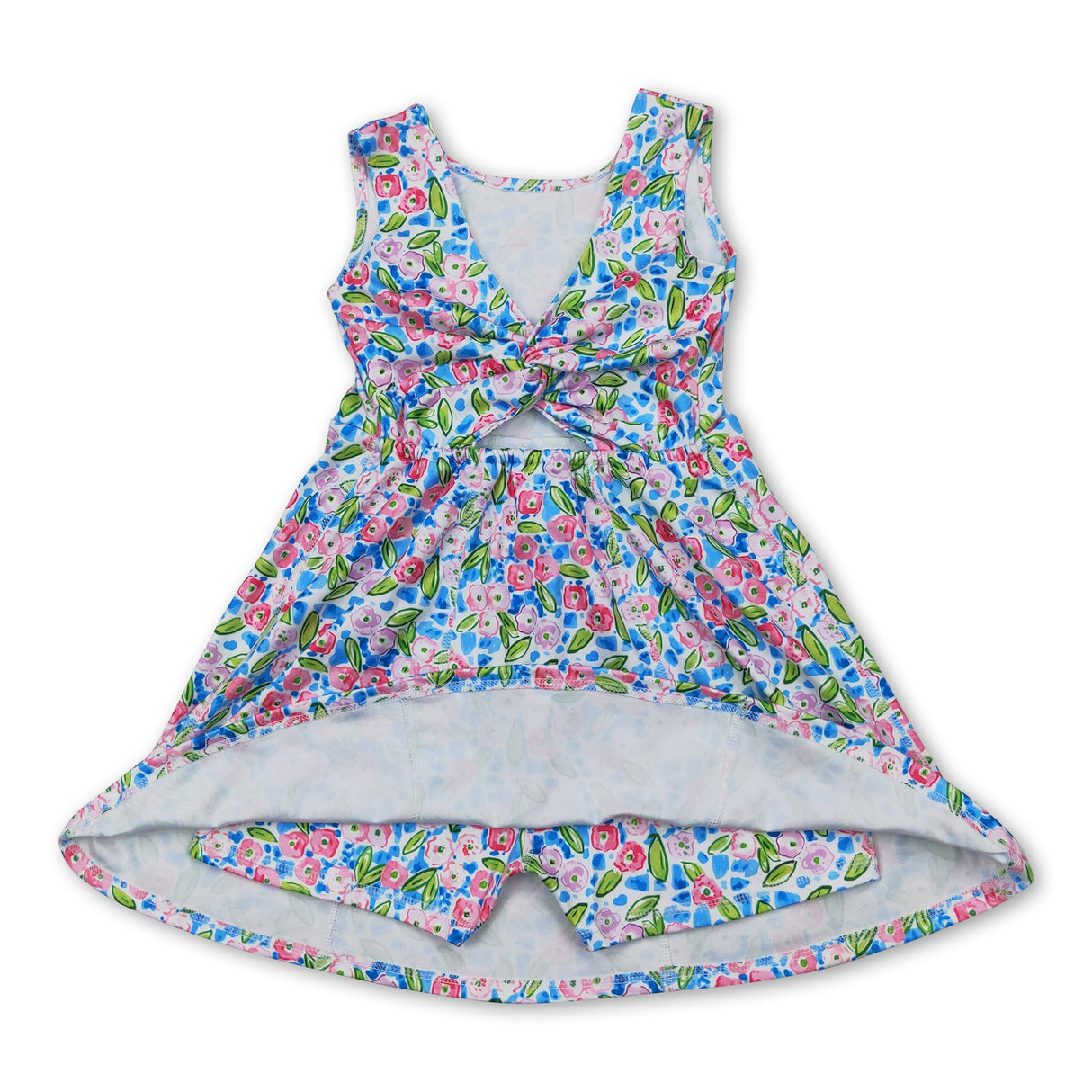 Sleeveless blue floral kids girls athletic dresses