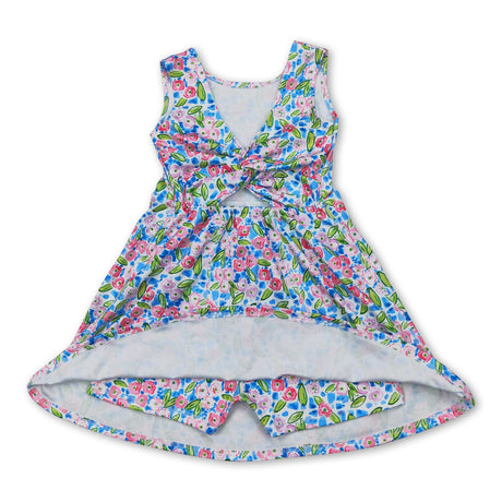 Sleeveless blue floral kids girls athletic dresses