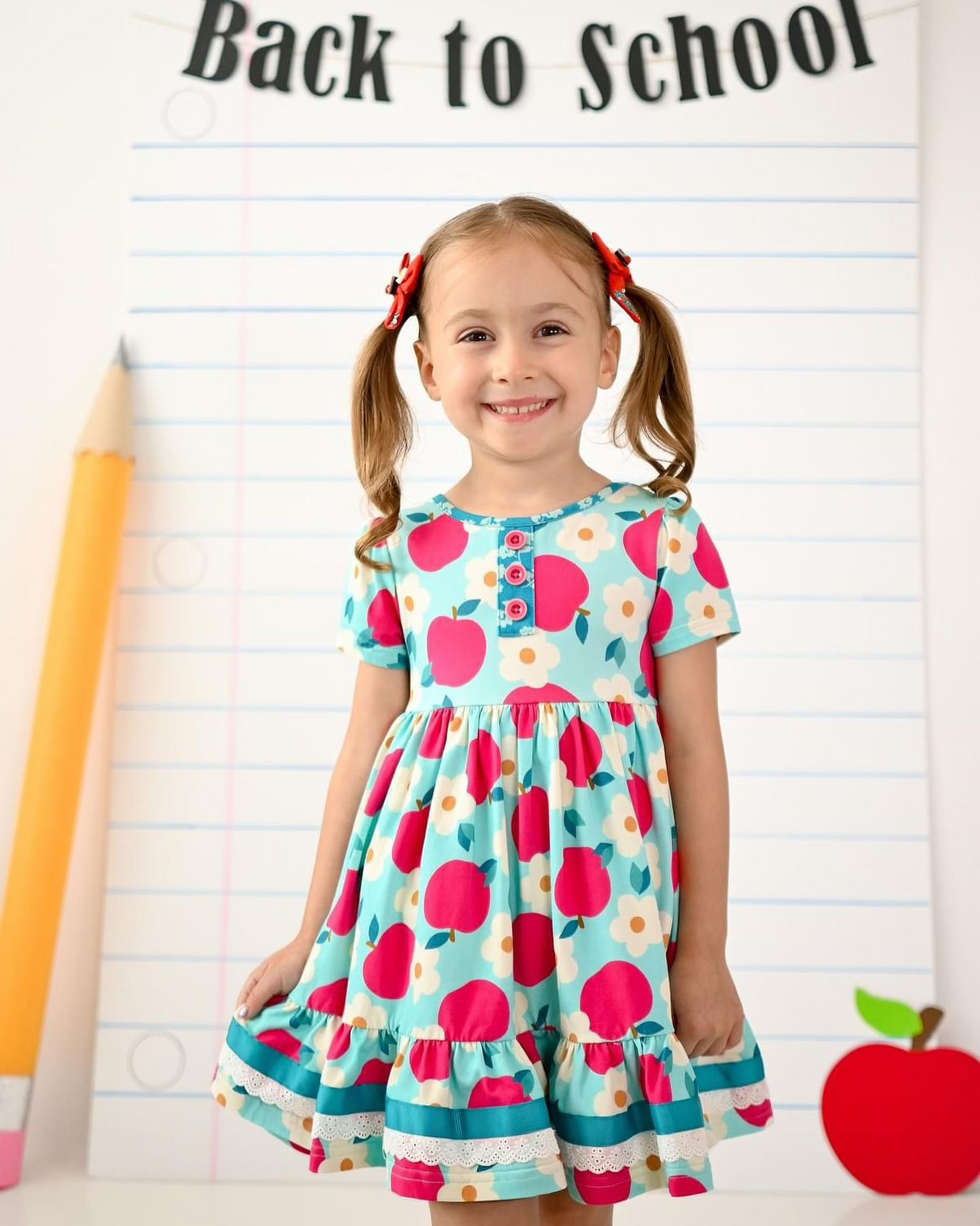 Short sleeves apple floral ruffle girls back to school dresses