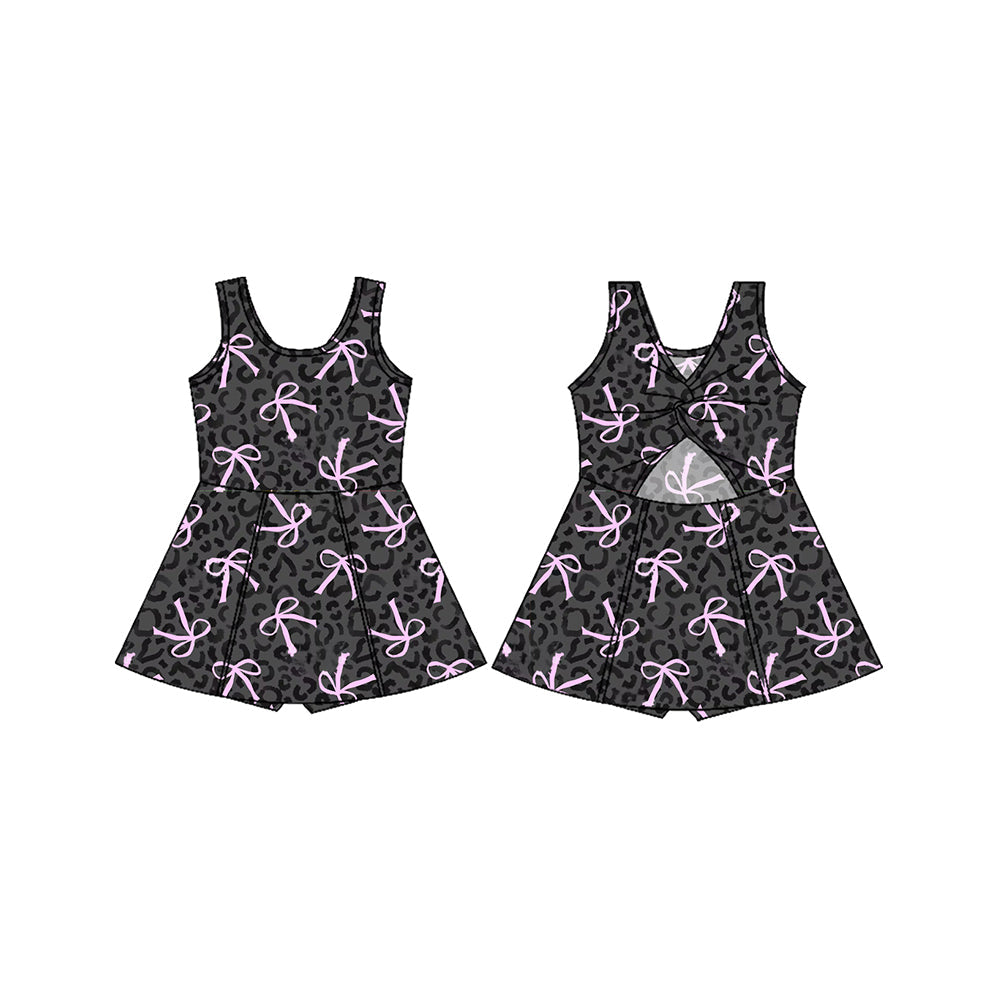 Sleeveless black leopard bow kids girls athletic dresses